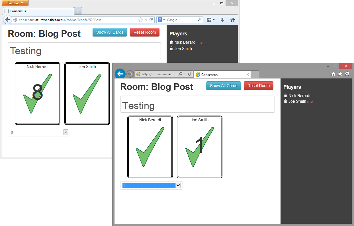 screenshot of the app running in 2 browsers