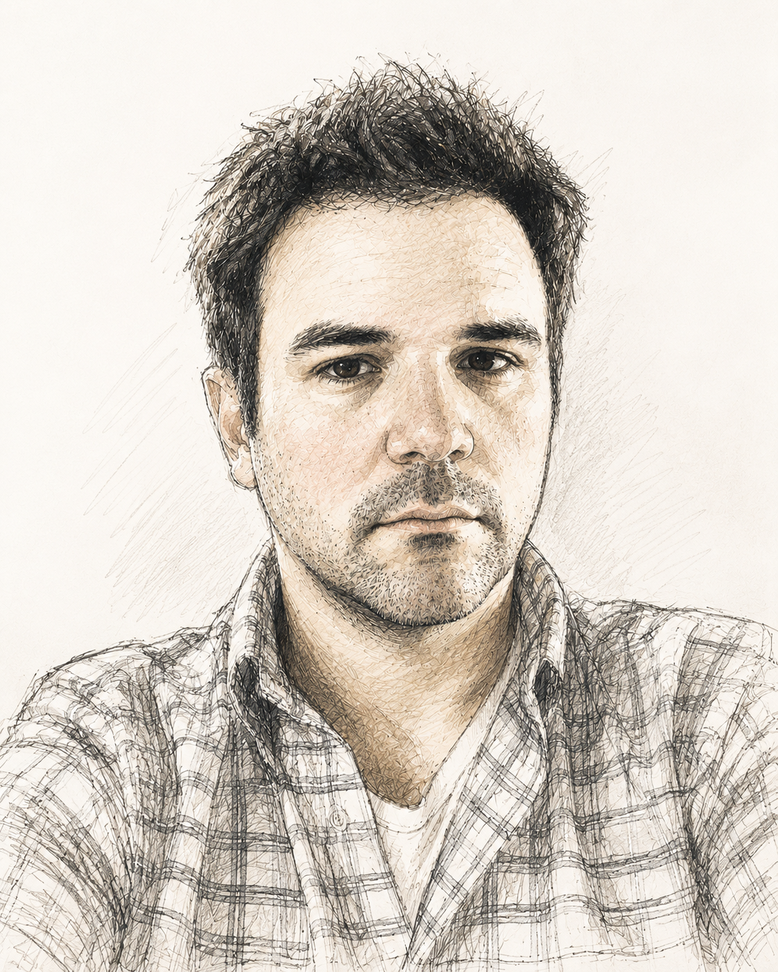 Illustrated pen-and-ink portrait of Nick Berardi