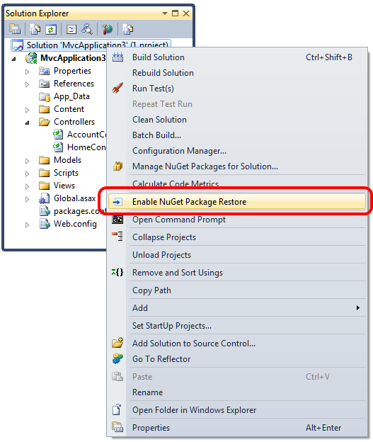 Enable NuGet Package Restore Context Menu item