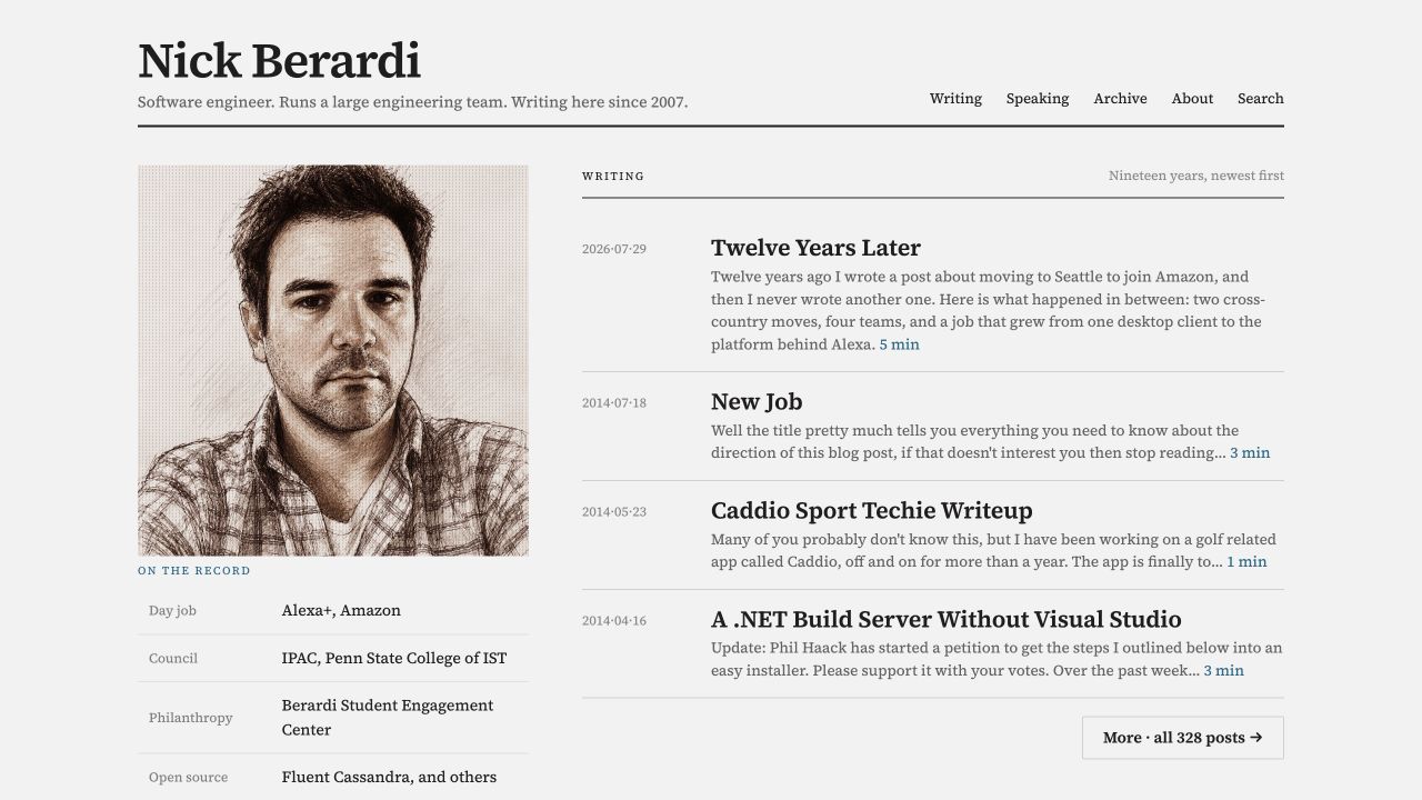 The redesigned nickberardi.com homepage, with an illustrated portrait and an editorial-style list of posts.